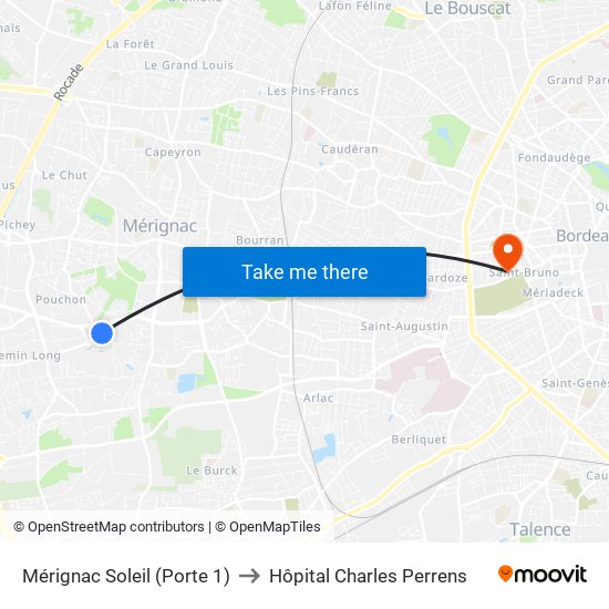 Mérignac Soleil (Porte 1) to Hôpital Charles Perrens map