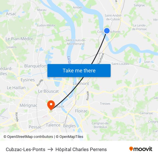 Cubzac-Les-Ponts to Hôpital Charles Perrens map