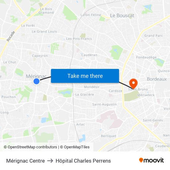 Mérignac Centre to Hôpital Charles Perrens map
