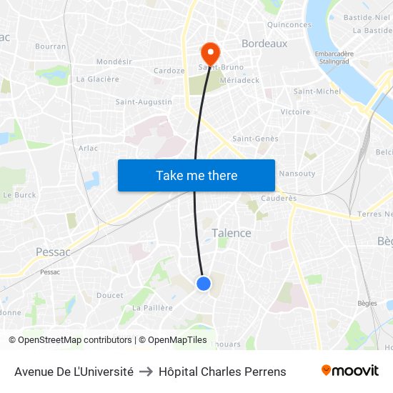 Avenue De L'Université to Hôpital Charles Perrens map