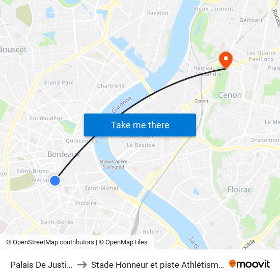 Palais De Justice (Terminus) to Stade Honneur et piste Athlétisme Henri Danflous de Palmer map