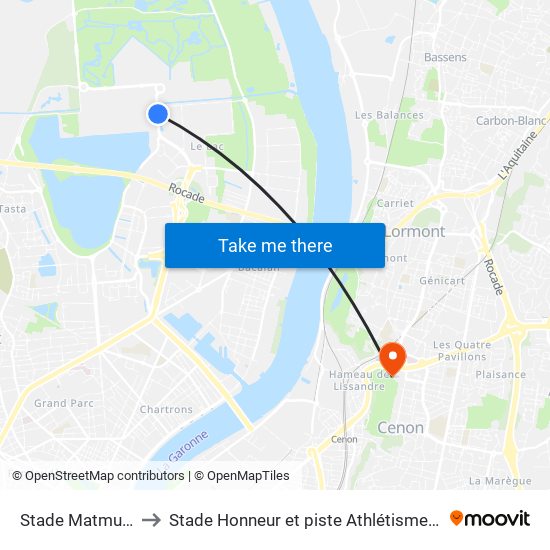 Stade Matmut Atlantique to Stade Honneur et piste Athlétisme Henri Danflous de Palmer map