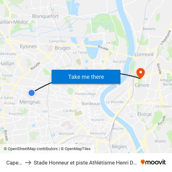 Capeyron to Stade Honneur et piste Athlétisme Henri Danflous de Palmer map