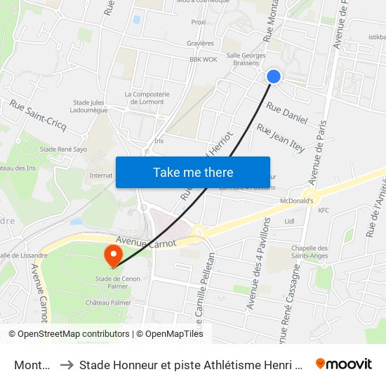 Montaigne to Stade Honneur et piste Athlétisme Henri Danflous de Palmer map