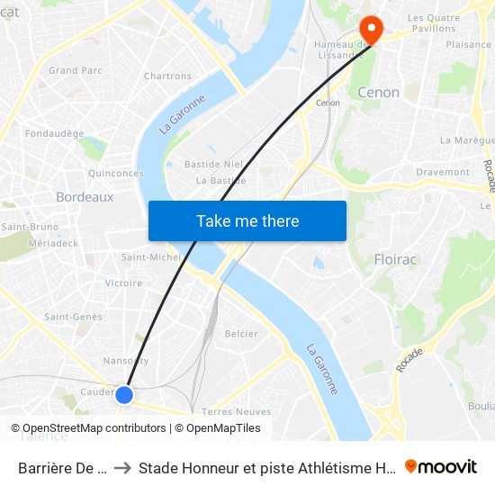 Barrière De Toulouse to Stade Honneur et piste Athlétisme Henri Danflous de Palmer map