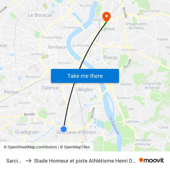 Sarcignan to Stade Honneur et piste Athlétisme Henri Danflous de Palmer map