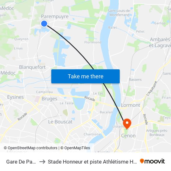 Gare De Parempuyre to Stade Honneur et piste Athlétisme Henri Danflous de Palmer map