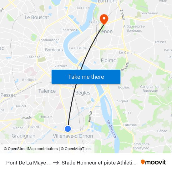 Pont De La Maye (Vers Courréjean) to Stade Honneur et piste Athlétisme Henri Danflous de Palmer map