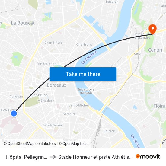 Hôpital Pellegrin (Grand Maurian) to Stade Honneur et piste Athlétisme Henri Danflous de Palmer map
