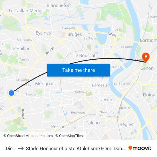Diesel to Stade Honneur et piste Athlétisme Henri Danflous de Palmer map