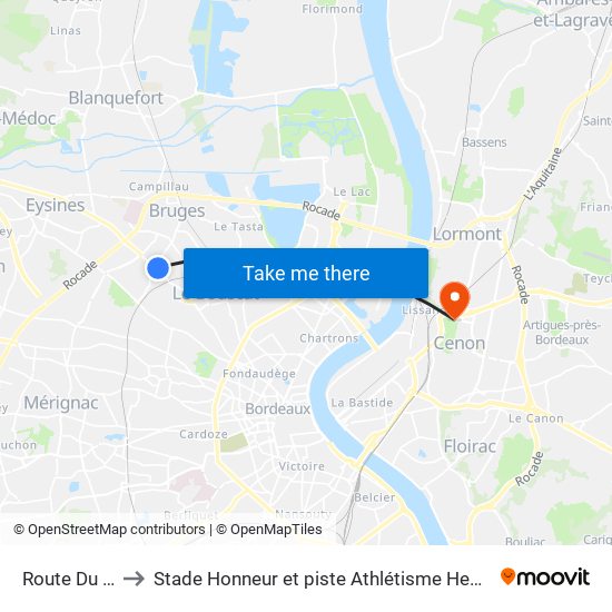 Route Du Médoc to Stade Honneur et piste Athlétisme Henri Danflous de Palmer map