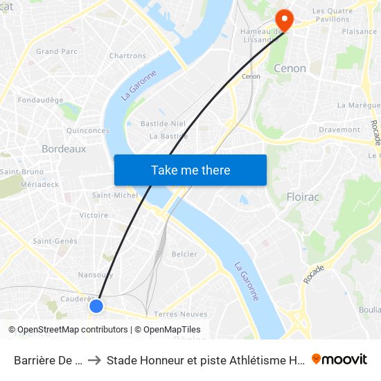 Barrière De Toulouse to Stade Honneur et piste Athlétisme Henri Danflous de Palmer map