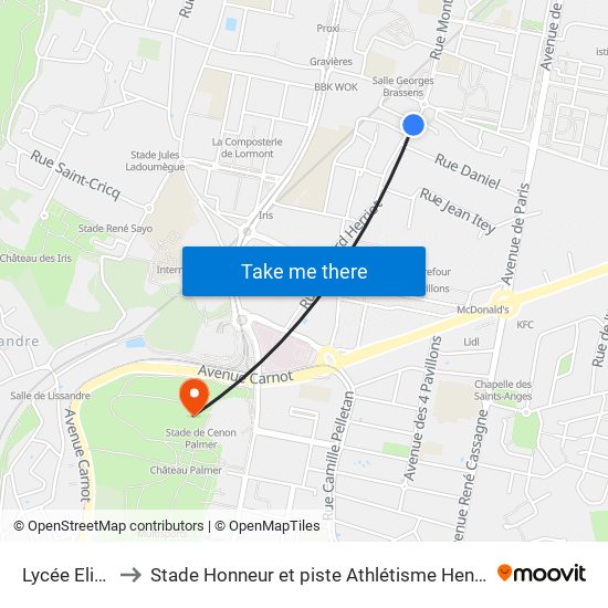 Lycée Elie Faure to Stade Honneur et piste Athlétisme Henri Danflous de Palmer map