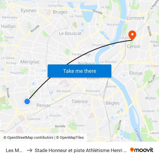 Les Menhirs to Stade Honneur et piste Athlétisme Henri Danflous de Palmer map