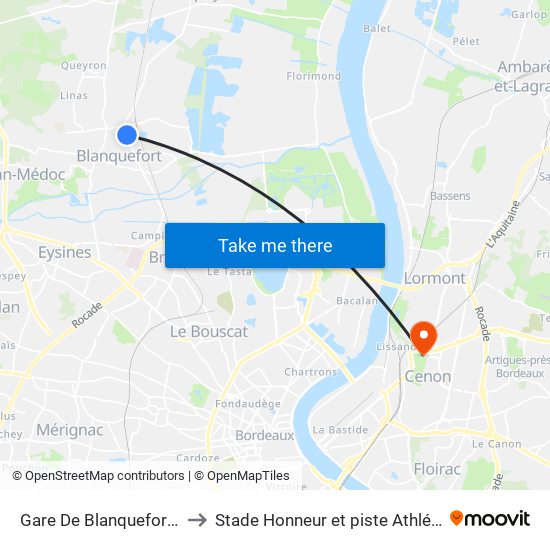 Gare De Blanquefort (Av Du 11 Novembre) to Stade Honneur et piste Athlétisme Henri Danflous de Palmer map