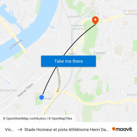 Vincent to Stade Honneur et piste Athlétisme Henri Danflous de Palmer map
