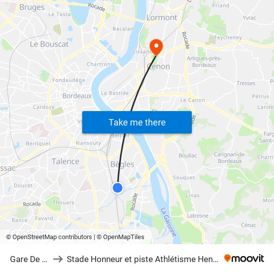 Gare De Bègles to Stade Honneur et piste Athlétisme Henri Danflous de Palmer map