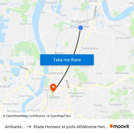 Ambarès Centre to Stade Honneur et piste Athlétisme Henri Danflous de Palmer map