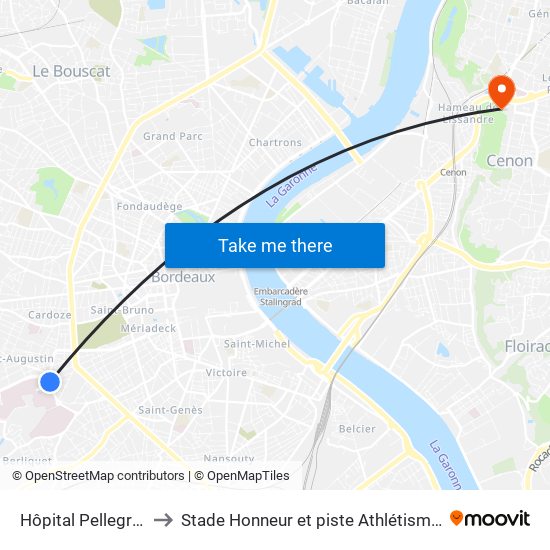 Hôpital Pellegrin (Entrée Est) to Stade Honneur et piste Athlétisme Henri Danflous de Palmer map