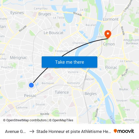 Avenue Gambetta to Stade Honneur et piste Athlétisme Henri Danflous de Palmer map