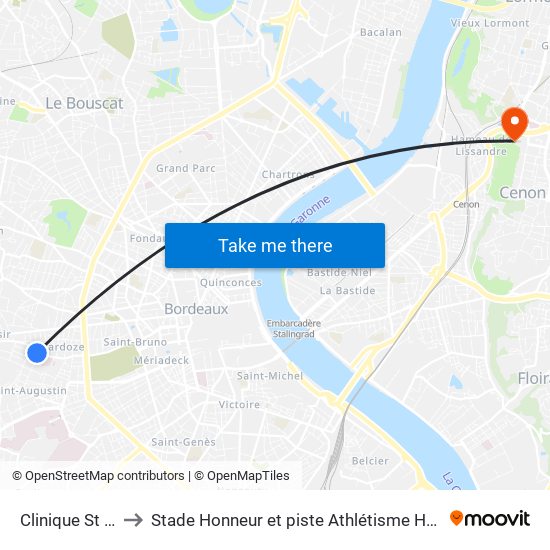 Clinique St Augustin to Stade Honneur et piste Athlétisme Henri Danflous de Palmer map