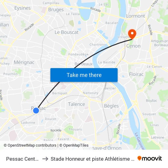 Pessac Centre (Trendel) to Stade Honneur et piste Athlétisme Henri Danflous de Palmer map