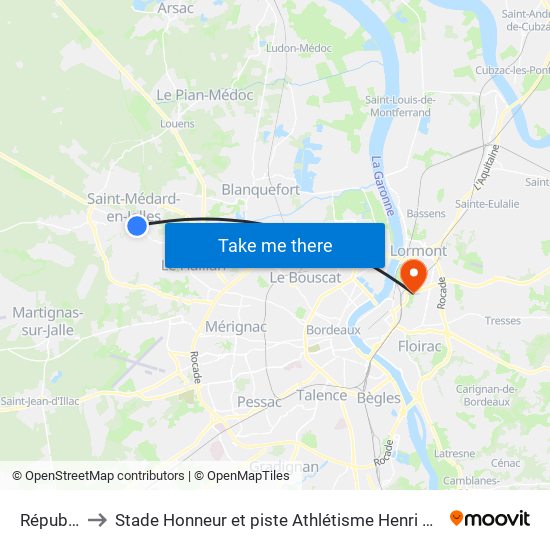 République to Stade Honneur et piste Athlétisme Henri Danflous de Palmer map