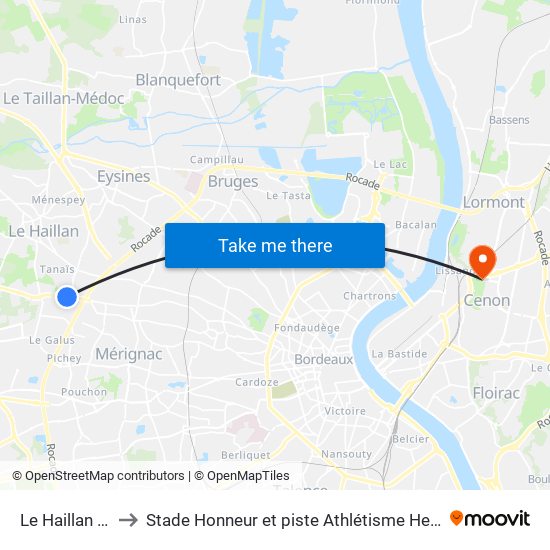 Le Haillan Rostand to Stade Honneur et piste Athlétisme Henri Danflous de Palmer map
