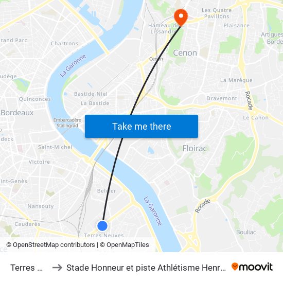 Terres Neuves to Stade Honneur et piste Athlétisme Henri Danflous de Palmer map