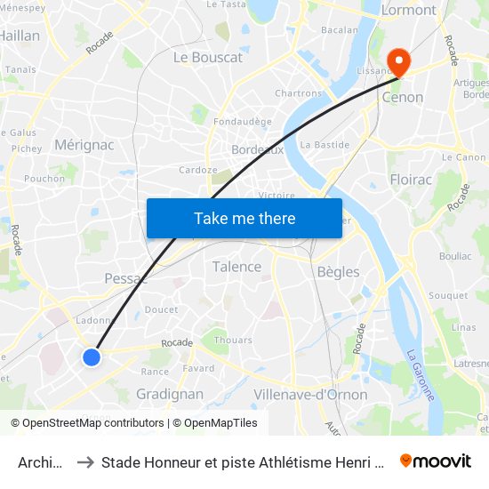 Archimède to Stade Honneur et piste Athlétisme Henri Danflous de Palmer map