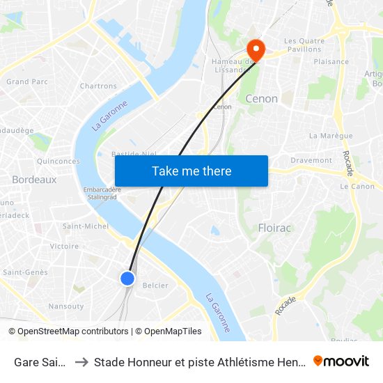 Gare Saint-Jean to Stade Honneur et piste Athlétisme Henri Danflous de Palmer map
