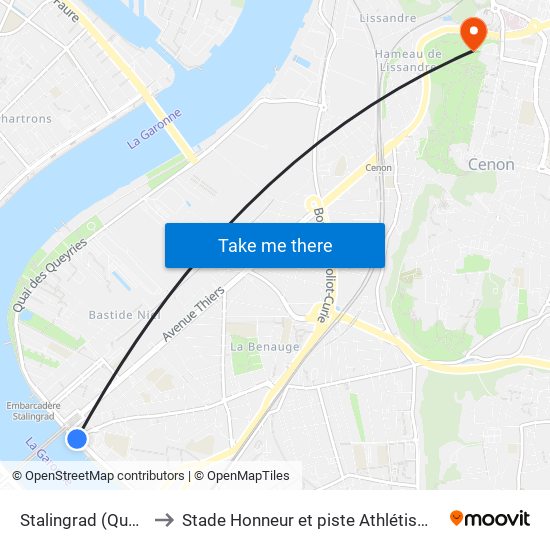 Stalingrad (Quai Deschamps) to Stade Honneur et piste Athlétisme Henri Danflous de Palmer map