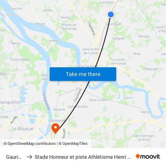 Gauriaguet to Stade Honneur et piste Athlétisme Henri Danflous de Palmer map