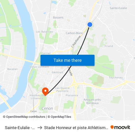 Sainte-Eulalie - Carbon-Blanc to Stade Honneur et piste Athlétisme Henri Danflous de Palmer map