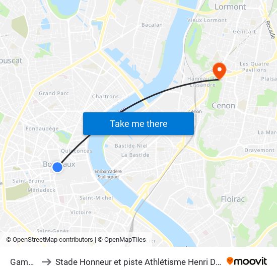 Gambetta to Stade Honneur et piste Athlétisme Henri Danflous de Palmer map