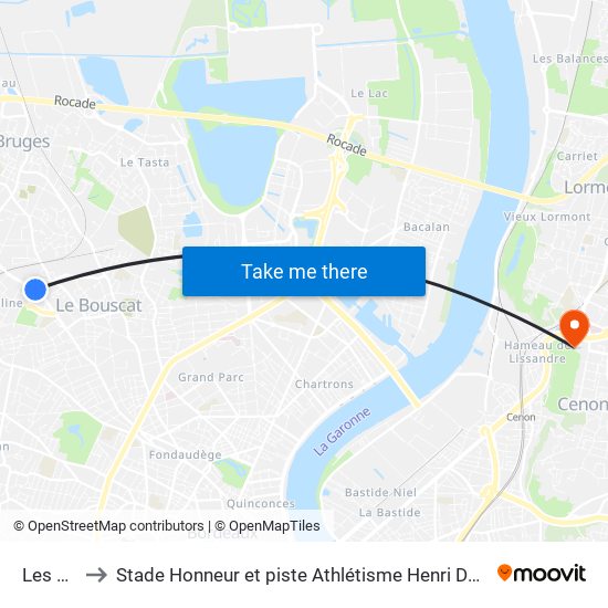Les Ecus to Stade Honneur et piste Athlétisme Henri Danflous de Palmer map