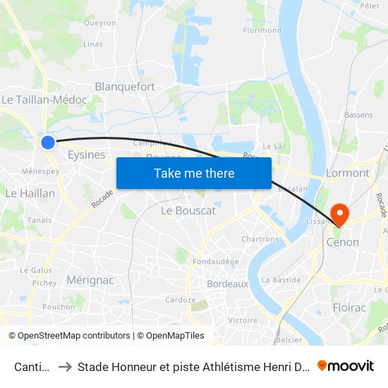Cantinolle to Stade Honneur et piste Athlétisme Henri Danflous de Palmer map