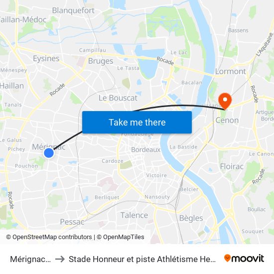 Mérignac Centre to Stade Honneur et piste Athlétisme Henri Danflous de Palmer map