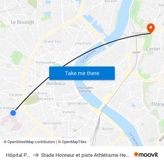 Hôpital Pellegrin to Stade Honneur et piste Athlétisme Henri Danflous de Palmer map