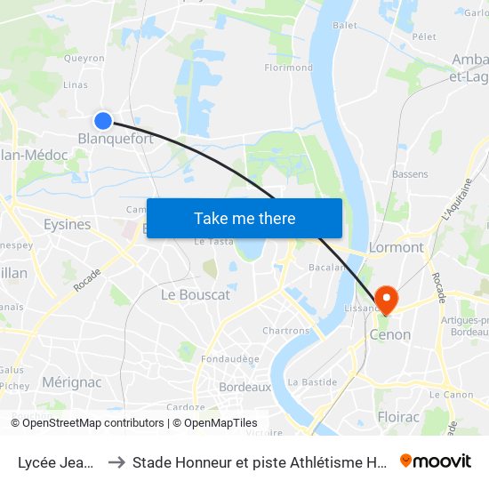 Lycée Jean Monnet to Stade Honneur et piste Athlétisme Henri Danflous de Palmer map