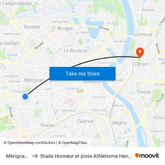 Mérignac Soleil to Stade Honneur et piste Athlétisme Henri Danflous de Palmer map