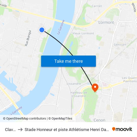 Claveau to Stade Honneur et piste Athlétisme Henri Danflous de Palmer map