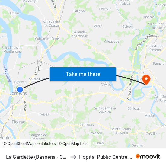 La Gardette (Bassens - Carbon Blanc) to Hopital Public Centre Hospitalier map