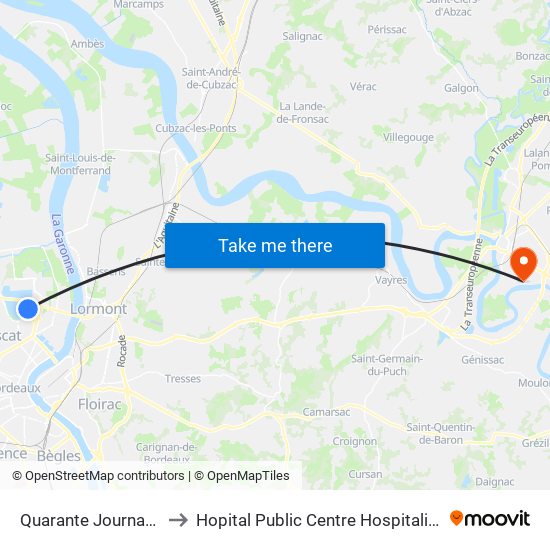 Quarante Journaux to Hopital Public Centre Hospitalier map