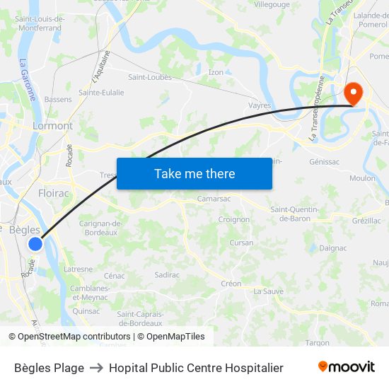 Bègles Plage to Hopital Public Centre Hospitalier map