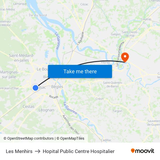 Les Menhirs to Hopital Public Centre Hospitalier map