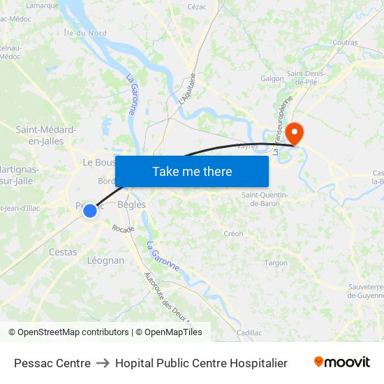 Pessac Centre to Hopital Public Centre Hospitalier map