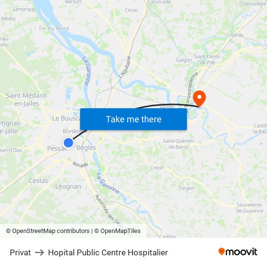 Privat to Hopital Public Centre Hospitalier map