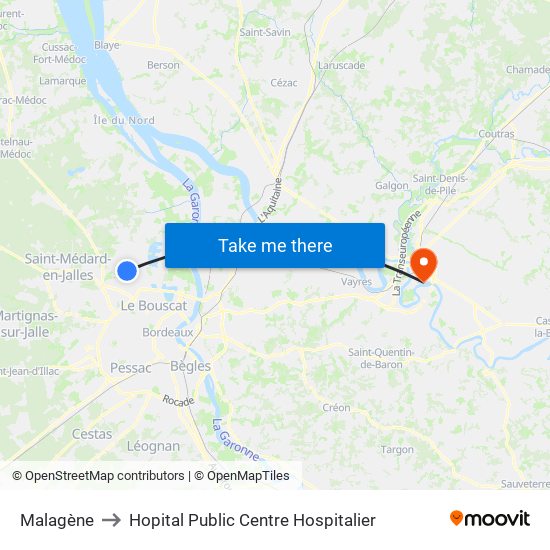 Malagène to Hopital Public Centre Hospitalier map