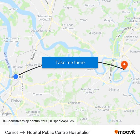 Carriet to Hopital Public Centre Hospitalier map